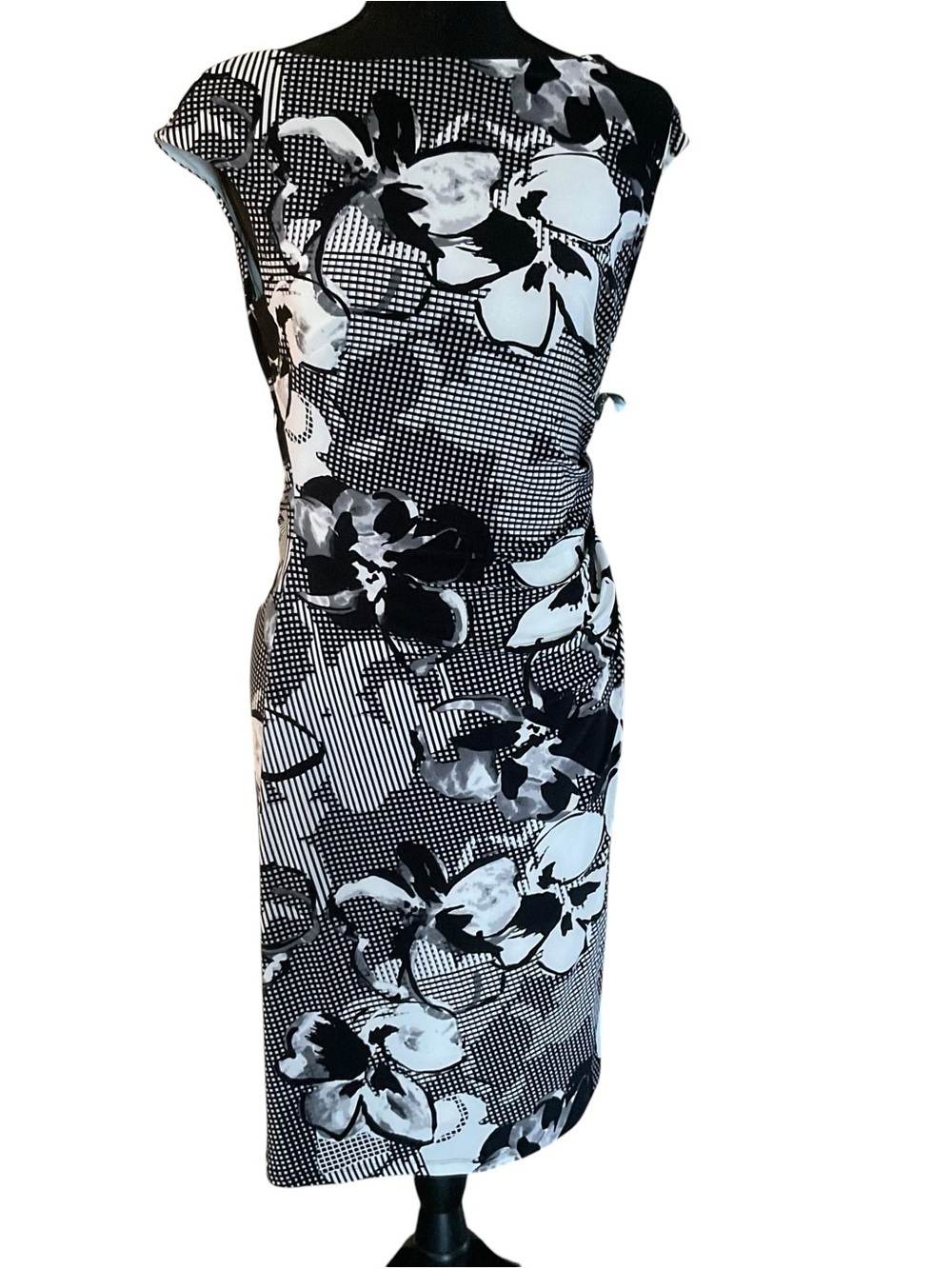 Lauren Ralph Lauren Size 8 Black White Floral Sheath Dress Ruched Career Midi